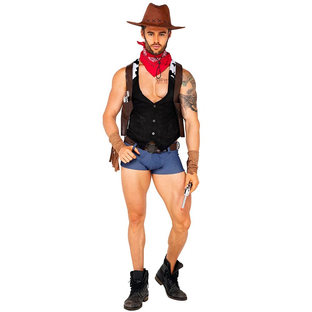 Cowboy Costume Set Vest Shorts Bandana Hat Medium - Picture 3 of 5
